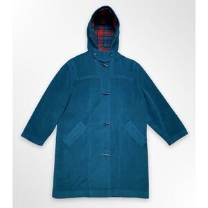 Vintage LL Bean Wool Duffle Coat Womens Size 8 Green Hooded Plaid Lined USA